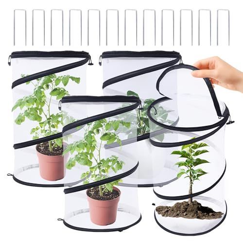 1Pack Pop Up Insect Barrier Plant Cover Net, 19.6" x 11.8" Round Foldable Plant Protectors Mesh Plant Enclosure, Garden Net Cage Guard Cover with Stakes & Carry Bag for Protect Plants from Bird Insect - White