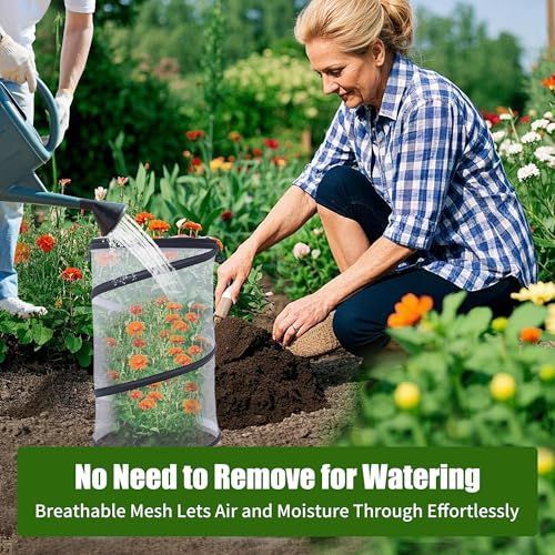 1Pack Pop Up Insect Barrier Plant Cover Net, 19.6" x 11.8" Round Foldable Plant Protectors Mesh Plant Enclosure, Garden Net Cage Guard Cover with Stakes & Carry Bag for Protect Plants from Bird Insect - White