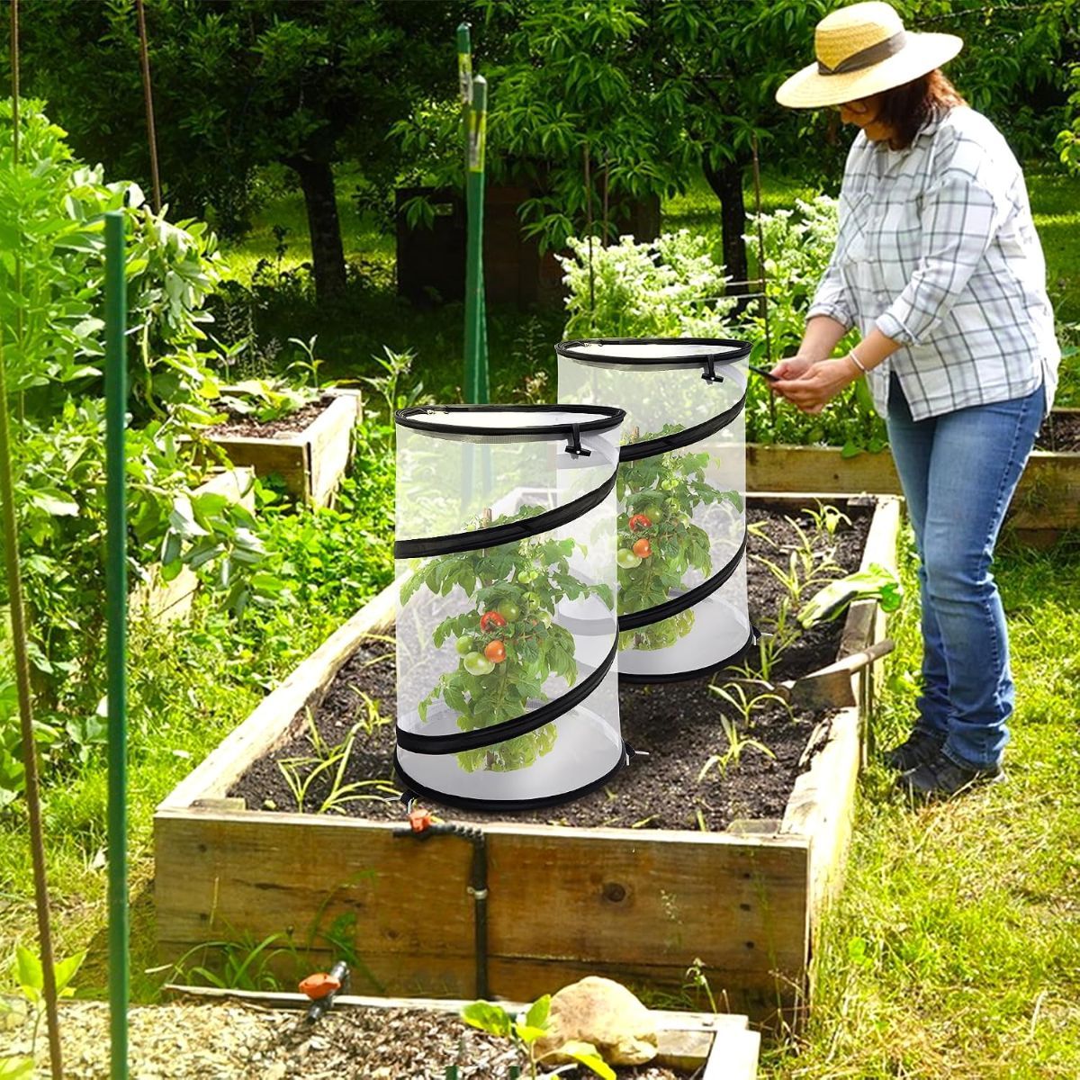 2Pack Pop Up Insect Barrier Plant Cover Net, 19.6" x 11.8" Round Foldable Plant Protectors Mesh Plant Enclosure, Garden Net Cage Guard Cover with Stakes & Carry Bag for Protect Plants from Bird Insect - White