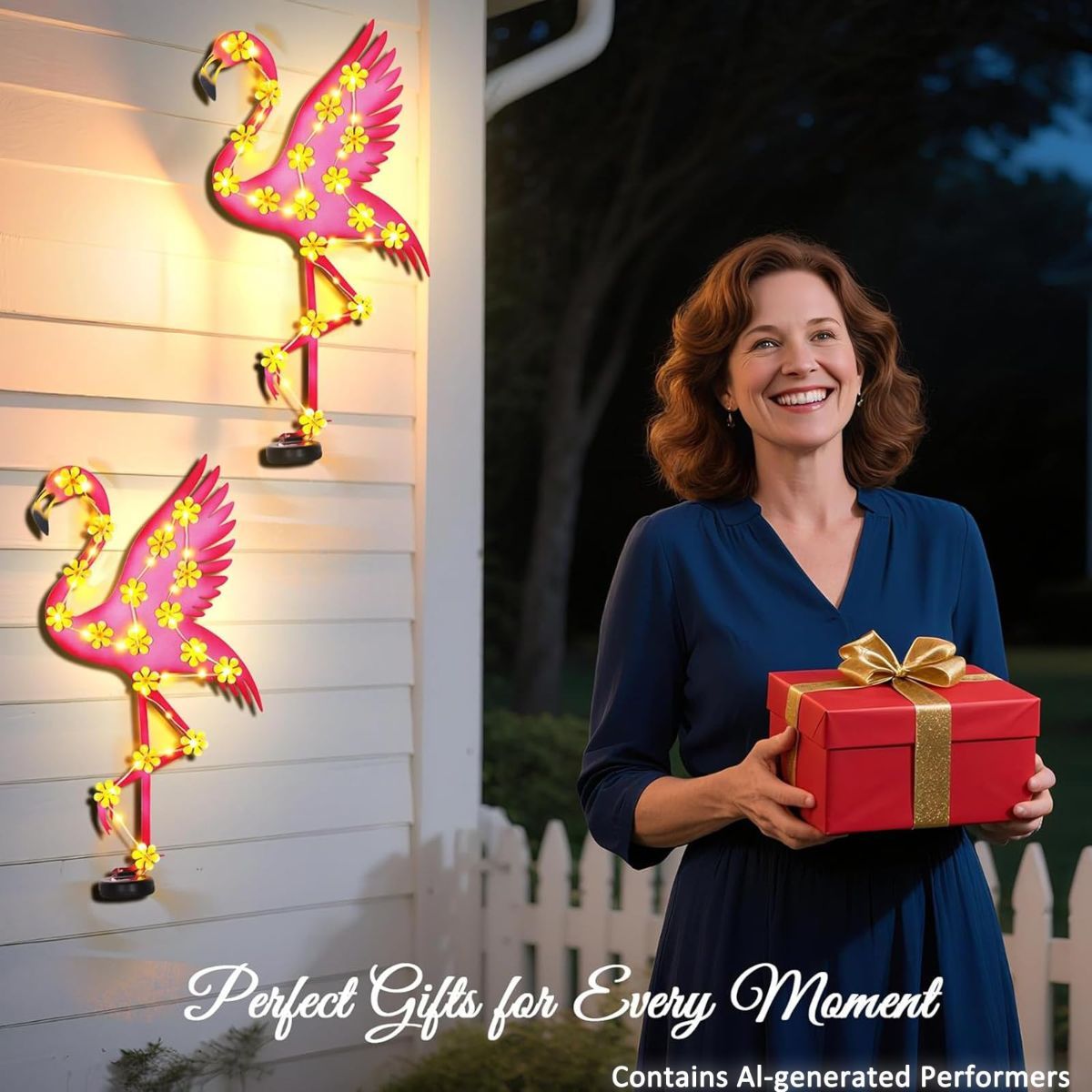 2Pack Metal Flamingo Outdoor Wall Decor, Solar Ambient Landscape Lights with Flower LED Auto On/Off, Flamingos Wall Decoration Light for Villa Garden Courtyard Decor - Pink
