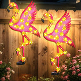 2Pack Metal Flamingo Outdoor Wall Decor, Solar Ambient Landscape Lights with Flower LED Auto On/Off, Flamingos Wall Decoration Light for Villa Garden Courtyard Decor - Pink - Close-Up Angle