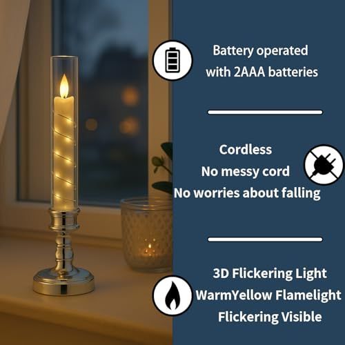 4PCS Flameless LED Candles, Flickering Battery Operated Candles with Embedded Star String Lights, Romantic Decorative Candles Table Decor for Home Wedding Room Christmas Decorations - Gold - Size 25.5*5.5cm