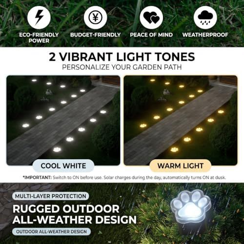 10Pack Paw Solar Lights Outdoor, Cute Dog Paw Solar Lights with 1 LED, Dual White & Warm Light IP65 Waterproof Solar Paw Print Lights for Lawn, Path, Garden Yard Decor - Warm White