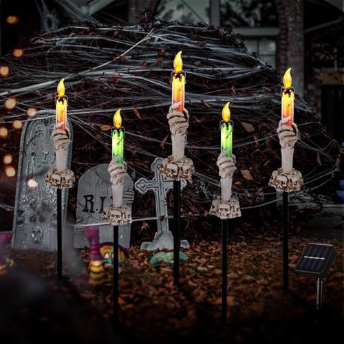 Halloween Pathway Lights, 5 Pack Candle Skull Hand Candle Holder, Waterproof Solar Halloween Led Lights, Indoor and Outdoor Party Home Garden Porch Decoration