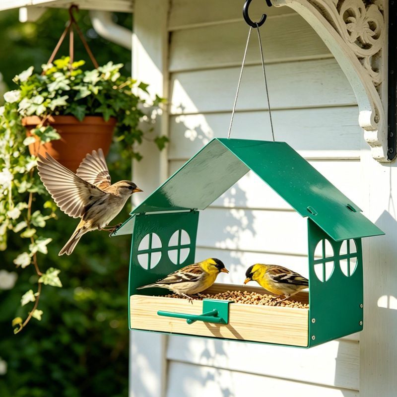 Metal Bird Feeder for Outdoor Hanging Wild Bird Feeder House with Weatherproof Roof Rust-Resistant Mesh Platform Easy to Clean & Refill for Attracting Finches Garden Yard Outside - Black - Size 20*14cm
