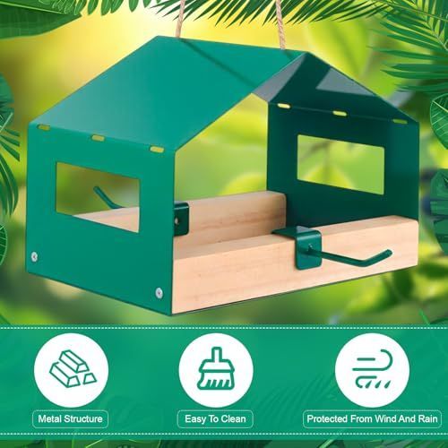 Metal Bird Feeder for Outdoor Hanging Wild Bird Feeder House with Weatherproof Roof Rust-Resistant Mesh Platform Easy to Clean & Refill for Attracting Finches Garden Yard Outside - Black - Size 20*14cm