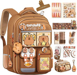 Cute Capybara Backpack with Chic Case and More Pins Ita Bag Cartoon Laptop Travel Utility Funny Going Out Casual Bag(Khaki) - 45-Degree Angle
