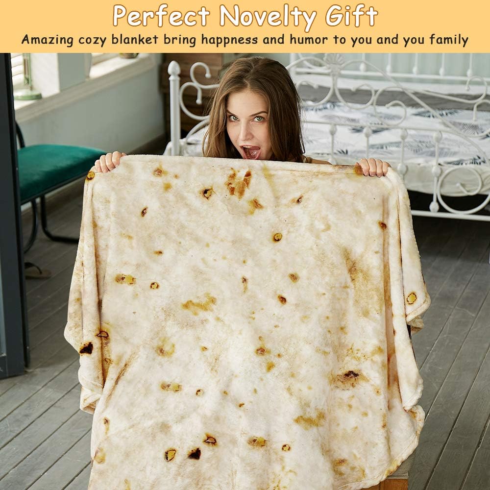 Burritos Tortilla Throw Blanket(Beige), Novelty Funny Round Blanket for Adults & Kids, Soft Flannel Tortilla Wrap Blanket（60",Teenagers）