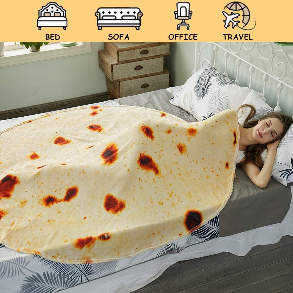 Burritos Tortilla Throw Blanket (Yellow), Novelty Funny Round Blanket for Kids & Adults, Soft Flannel Tortilla Wrap Blanket（71", Adults）