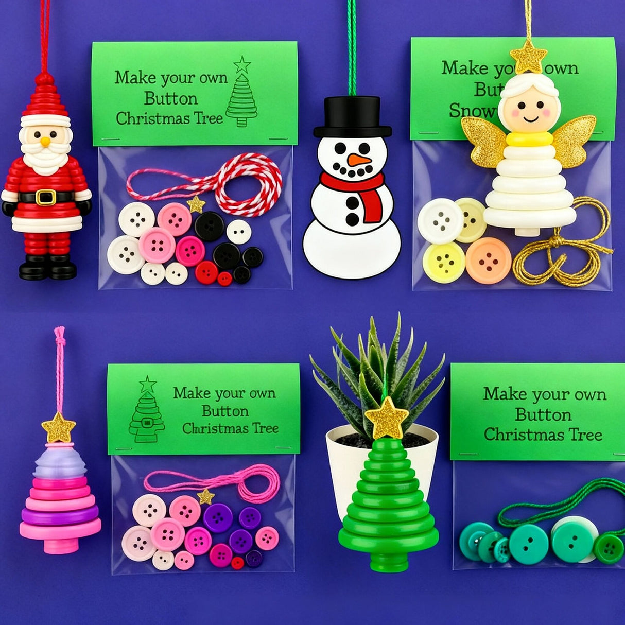 Christmas gift Christmas Button Ornament - Festive Santa Design Craft Kit- Set of 5 pieces（Santa Claus、Snowman、angel、Red Christmas tree and green Christmas tree）