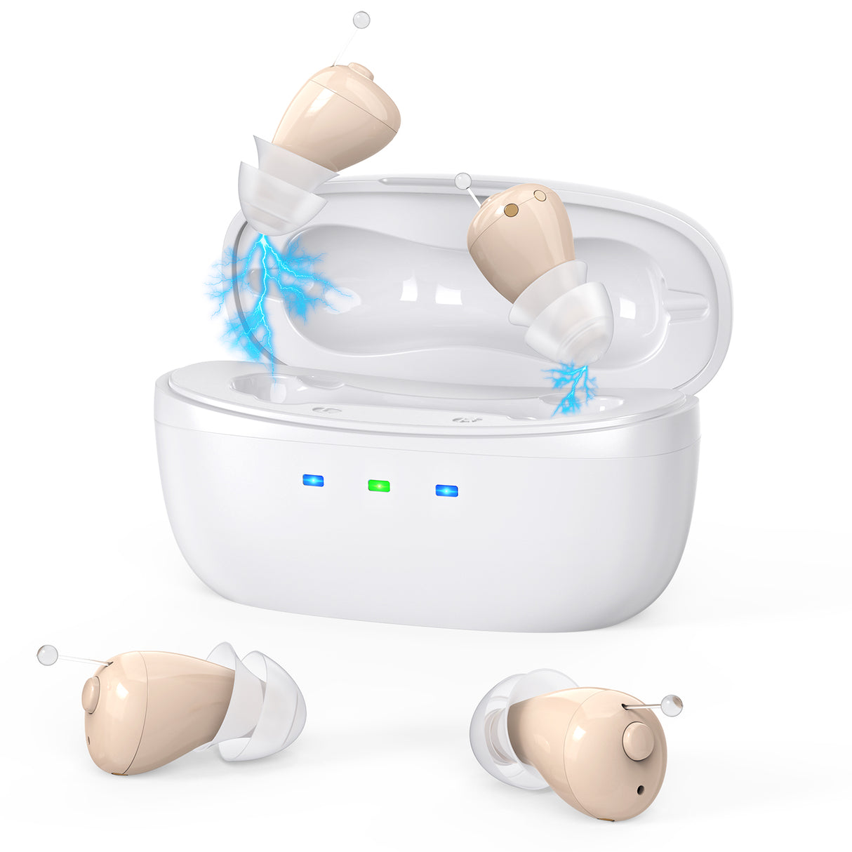 Rechargeable Behind-the-Ear Hearing Aids with Charging Case – Compact Sound Amplifier for Adults & Seniors with Memory Volume (White Case, Skin Tone Device)