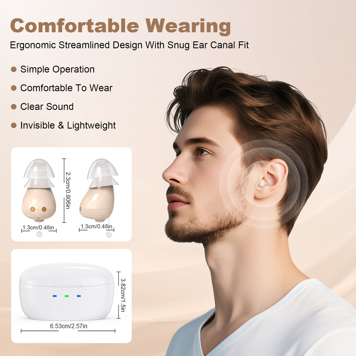 Rechargeable Behind-the-Ear Hearing Aids with Charging Case – Compact Sound Amplifier for Adults & Seniors with Memory Volume (White Case, Skin Tone Device)
