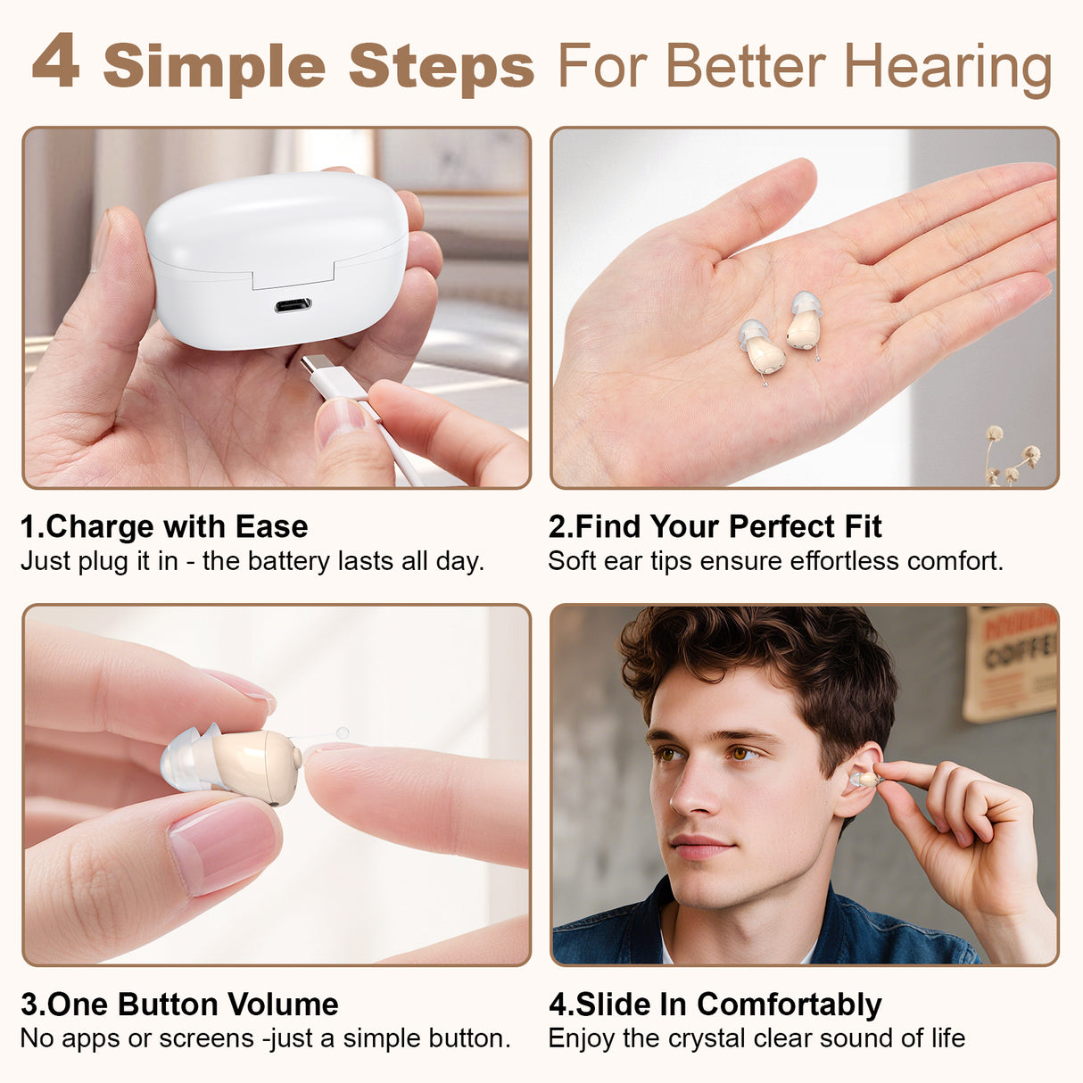 Rechargeable Behind-the-Ear Hearing Aids with Charging Case – Compact Sound Amplifier for Adults & Seniors with Memory Volume (White Case, Skin Tone Device)