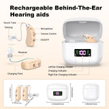 Rechargeable Behind-the-Ear Hearing Aids with Charging Case & LCD Display – Compact Sound Amplifier for Adults and Seniors (White Case, Skin Tone Device) - Front View