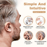 Rechargeable Behind-the-Ear Hearing Aids with Charging Case & LCD Display – Compact Sound Amplifier for Adults and Seniors (White Case, Skin Tone Device) - 45-Degree Angle