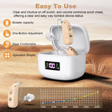 Rechargeable Behind-the-Ear Hearing Aids with Charging Case & LCD Display – Compact Sound Amplifier for Adults and Seniors (White Case, Skin Tone Device) - Close-Up Angle