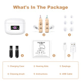 Rechargeable Behind-the-Ear Hearing Aids with Charging Case & LCD Display – Compact Sound Amplifier for Adults and Seniors (White Case, Skin Tone Device) - Low Angle