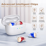 Rechargeable Behind-the-Ear Hearing Aids with Charging Case – Compact Sound Amplifier for Adults & Seniors with Memory Volume (White Case, Red & Blue Device)