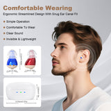 Rechargeable Behind-the-Ear Hearing Aids with Charging Case – Compact Sound Amplifier for Adults & Seniors with Memory Volume (White Case, Red & Blue Device) - 45-Degree Angle