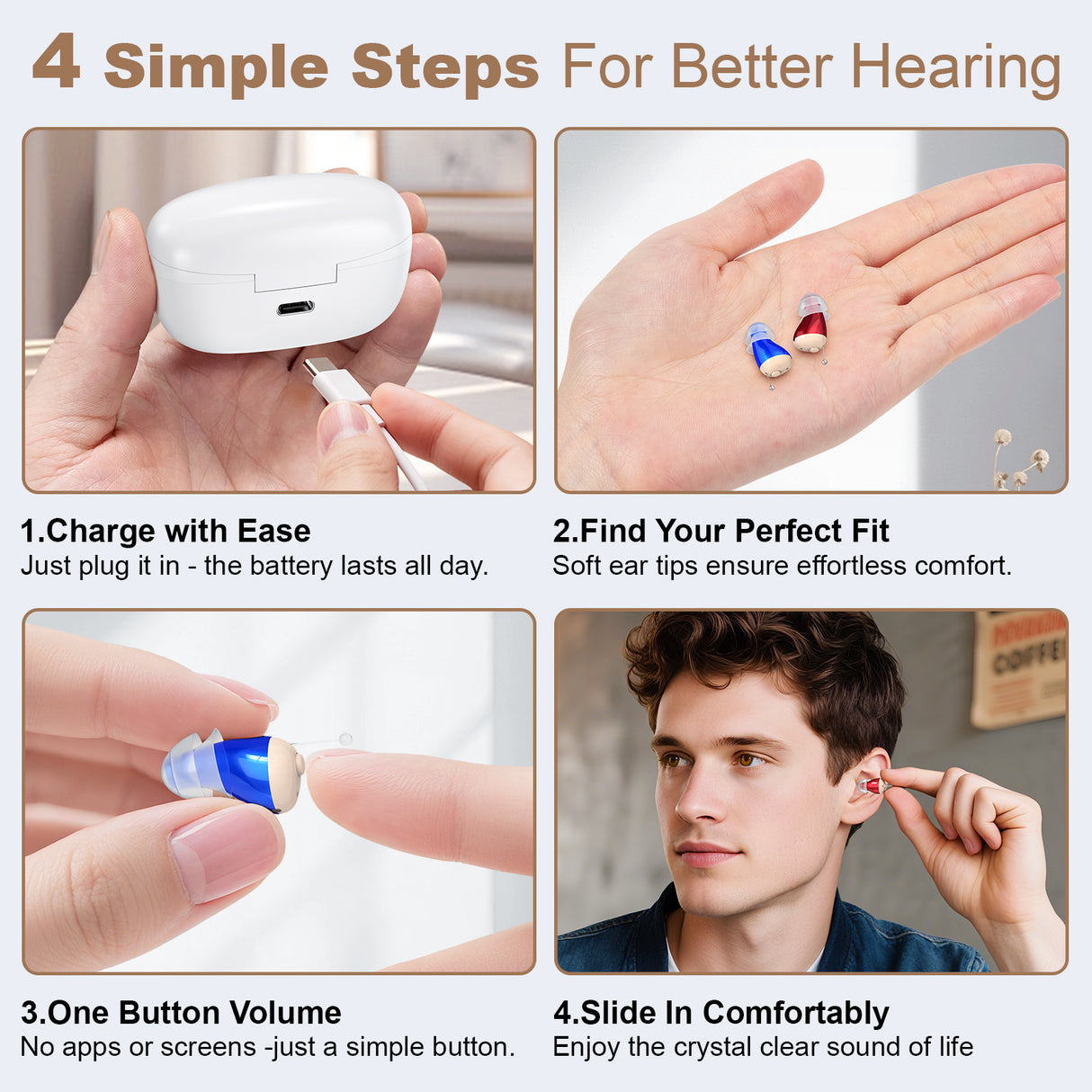 Rechargeable Behind-the-Ear Hearing Aids with Charging Case – Compact Sound Amplifier for Adults & Seniors with Memory Volume (White Case, Red & Blue Device)