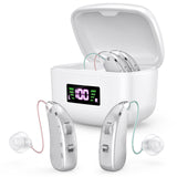 Rechargeable Behind-the-Ear Hearing Aids with Charging Case & LCD Display – Compact Sound Amplifier for Adults and Seniors (White Case, Silver Device)