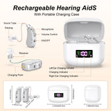 Rechargeable Behind-the-Ear Hearing Aids with Charging Case & LCD Display – Compact Sound Amplifier for Adults and Seniors (White Case, Silver Device) - Front View
