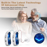 Rechargeable Behind-the-Ear Hearing Aids with Charging Case & LCD Display – Compact Sound Amplifier for Adults and Seniors (White Case, Silver Device) - Rear View