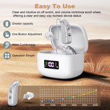 Rechargeable Behind-the-Ear Hearing Aids with Charging Case & LCD Display – Compact Sound Amplifier for Adults and Seniors (White Case, Silver Device) - Close-Up Angle