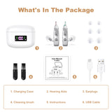 Rechargeable Behind-the-Ear Hearing Aids with Charging Case & LCD Display – Compact Sound Amplifier for Adults and Seniors (White Case, Silver Device)