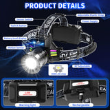 Bright LED Headlamp with Digital Display & Motion Sensor – Rechargeable 3500 Lumens Flashlight for Camping, Hiking, Fishing, and Night Running (Black)