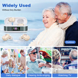 Rechargeable In-the-Ear Hearing Aids with Charging Case and LCD Display – Ultra-Compact Sound Amplifier for Seniors (White & Green Case, Skin Tone Device)