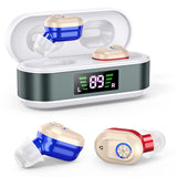 Rechargeable In-the-Ear Hearing Aids with Charging Case and LCD Display – Ultra-Compact Sound Amplifier for Seniors (White & Green Case, Red & Blue Device)