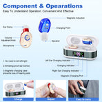 Rechargeable In-the-Ear Hearing Aids with Charging Case and LCD Display – Ultra-Compact Sound Amplifier for Seniors (White & Green Case, Red & Blue Device)