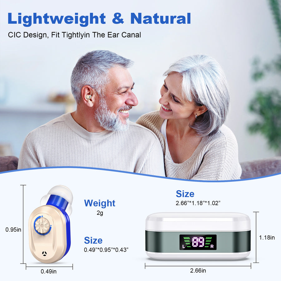 Rechargeable In-the-Ear Hearing Aids with Charging Case and LCD Display – Ultra-Compact Sound Amplifier for Seniors (White & Green Case, Red & Blue Device)