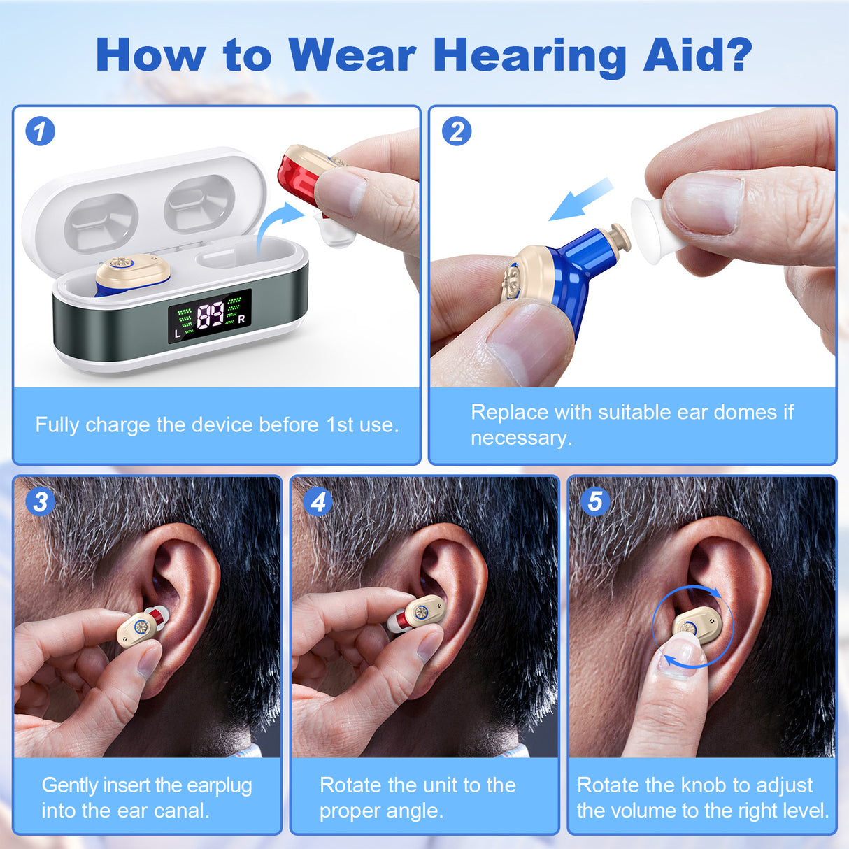 Rechargeable In-the-Ear Hearing Aids with Charging Case and LCD Display – Ultra-Compact Sound Amplifier for Seniors (White & Green Case, Red & Blue Device)