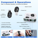 Rechargeable In-the-Ear Hearing Aids with Charging Case and LCD Display – Ultra-Compact Sound Amplifier for Seniors (White & Green Case, Black Device)