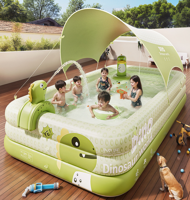 Inflatable Swimming Pool 180×130×56cm with Canopy & Dinosaur Spray  Kids Outdoor Water Play Set for Backyard, Garden, Summer Fun (Green)