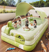 Inflatable Swimming Pool 180×130×56cm with Canopy & Dinosaur Spray – Kids Outdoor Water Play Set for Backyard, Garden, Summer Fun (Green) - Low Angle