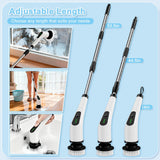 Wireless Electric Cleaning Brush with 8 Replaceable Heads – Adjustable Extendable Handle for Bathroom, Kitchen, Tiles & Car (White)