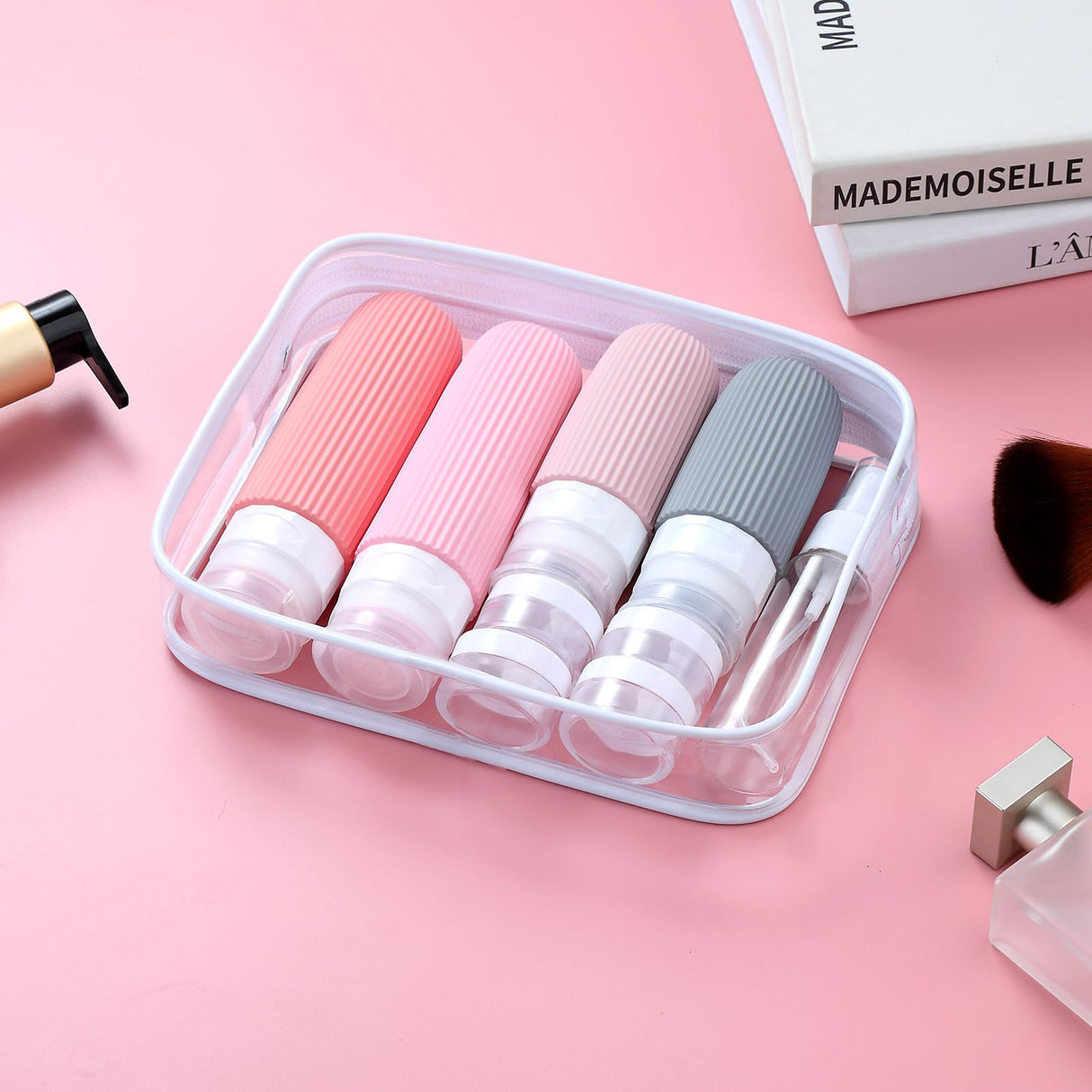16-Piece Travel Bottle Set with Leak-Proof Silicone Squeeze Bottles – Reusable Toiletry Containers for Shampoo, Lotion, Makeup Remover (Pink)  | Other Colors Available in Store
