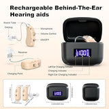 Rechargeable Behind-the-Ear Hearing Aids with Charging Case – Lightweight & Invisible Sound Amplifier for Seniors (Black Case, Skin Tone Device) - Front View