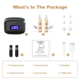 Rechargeable Behind-the-Ear Hearing Aids with Charging Case – Lightweight & Invisible Sound Amplifier for Seniors (Black Case, Skin Tone Device) - Low Angle