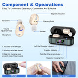 Rechargeable In-the-Ear Hearing Aids with Charging Case and LCD Display – Ultra-Compact Sound Amplifier for Seniors (Black & Green Case, Skin Tone Device)