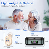 Rechargeable In-the-Ear Hearing Aids with Charging Case and LCD Display – Ultra-Compact Sound Amplifier for Seniors (Black & Green Case, Skin Tone Device) - Side View