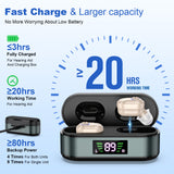 Rechargeable In-the-Ear Hearing Aids with Charging Case and LCD Display – Ultra-Compact Sound Amplifier for Seniors (Black & Green Case, Skin Tone Device) - Top-Down View