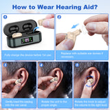 Rechargeable In-the-Ear Hearing Aids with Charging Case and LCD Display – Ultra-Compact Sound Amplifier for Seniors (Black & Green Case, Skin Tone Device) - 45-Degree Angle