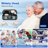 Rechargeable In-the-Ear Hearing Aids with Charging Case and LCD Display – Ultra-Compact Sound Amplifier for Seniors (Black & Green Case, Skin Tone Device) - Rear View