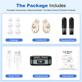 Rechargeable In-the-Ear Hearing Aids with Charging Case and LCD Display – Ultra-Compact Sound Amplifier for Seniors (Black & Green Case, Skin Tone Device)