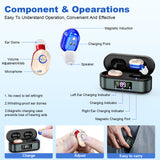 Rechargeable In-the-Ear Hearing Aids with Charging Case and LCD Display – Ultra-Compact Sound Amplifier for Seniors (Black & Green Case, Red & Blue Device) - Front View