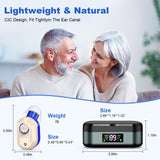 Rechargeable In-the-Ear Hearing Aids with Charging Case and LCD Display – Ultra-Compact Sound Amplifier for Seniors (Black & Green Case, Red & Blue Device) - Side View